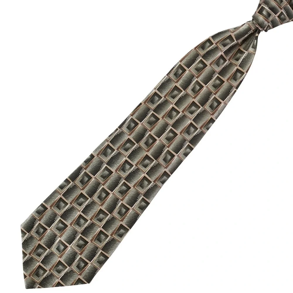 Pierre Cardin‎ Men's Silk Necktie Designer Geometric Squares Olive Green Brown